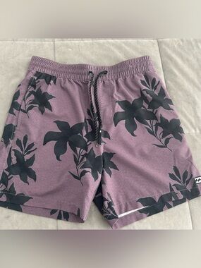 Billabong Men's Lavender Swim Shorts with Black Floral Print